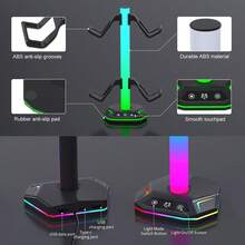 حامل للتحكم وسماعات الرأس مع أضواء RGB، منافذ USB، دعم للتحكم وسماعات الرأس، حامل لسماعات الرأس وأجهزة التحكم للطاولة والكونسول وغرفة الألعاب، هدية عيد ميلاد، هدية عيد الميلاد - الأسود - مشاهدة 4