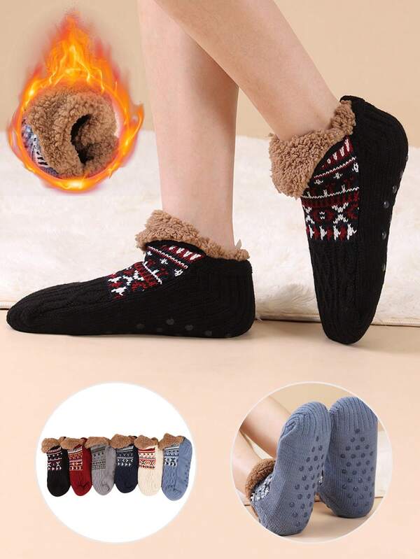 1 Pair Thermal Lined Non-Slip House Slipper Socks, Warm And Cozy For Indoor Wear In Winter