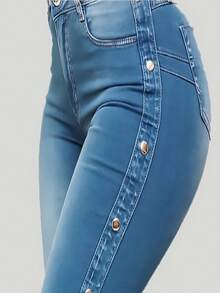 High Waist Flare Bell Bottom Jeans For Women – Stretchy Slim Fit Denim Pants With Side Button Detail - 藍色 - 查看 5