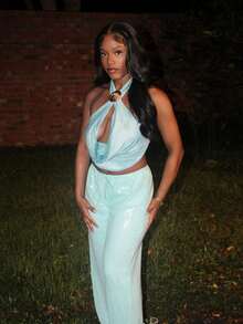 Steph T 亮片低腰长裤度假夏季伊比沙岛优雅沙滩装波西米亚风休闲狂欢节夏季保暖女装 - 淺藍色 - 查看 4