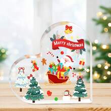 Decoración navideña de acrílico con forma de corazón: Lindo Papá Noel y Casa de Jengibre | Ideal para mesa (hogar/oficina) - Regalo festivo, encantador y único