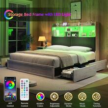 Bed Frame With 51.2'' Tall Bookcase Headboard, Farmhouse Platform Bed With 4 Storage Drawers, Linen Upholstered Design With Charging Station And Storage, Modern Bedroom Furniture, Rustic White - 查看 6