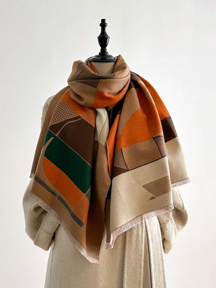 1条简约猫咪图案提花仿羊绒保暖围巾，适合空调房使用，时尚百搭，秋冬季女士围巾，可搭配连衣裙 - 彩色 - 查看 8