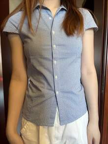 Mùa tốt nghiệp của các quý cô mùa hè này thật tinh khiết và thanh lịch. Đây là chiếc áo sơ mi tay ngắn đa năng có ve áo kẻ caro có thể mặc ở nhà và ra ngoài - Màu xanh lam - Xem 5