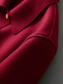 时尚简约女士翻领单排扣高品质短款羊毛大衣，休闲宽松纯色长袖复古优雅风格，搭配时尚单品，女士冬季羊毛大衣 - 酒紅色 - 查看 8