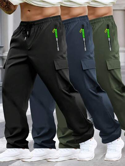 男士休闲工装裤，抽绳腰带，拉链口袋 - 轻盈涤纶面料，适合春夏跑步、训练和户外活动，休闲户外裤