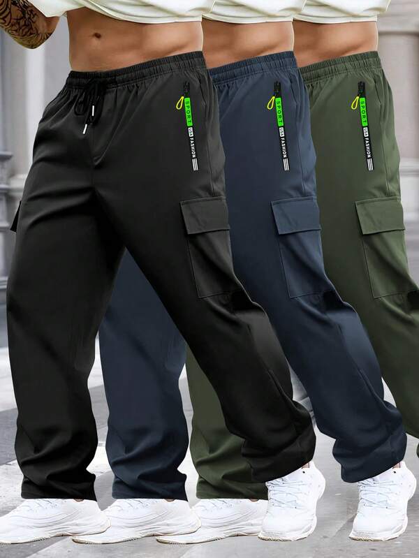 男士休闲工装裤，抽绳腰带，拉链口袋 - 轻盈涤纶面料，适合春夏跑步、训练和户外活动，休闲户外裤