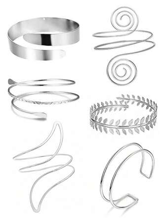 6pcs/Set Adjustable Metal Silver Simple Geometric Spiral Arm Cuff Bracelet Set, Summer Vacation Style, Halloween Decoration
