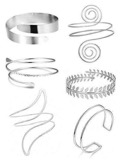 6 Stücke/Set verstellbare Metall Silber einfache geometrische Spiral Armmanschette Armband Set, Sommer Urlaubsstil, Halloween Dekoration