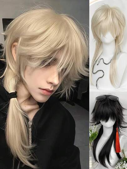 Peluca sintética larga y recta de color negro y rubio, estilo mullet con cola de lobo y capas esponjosas, para mujeres y hombres, para uso diario, fiestas, Lolita y cosplay, 65CM