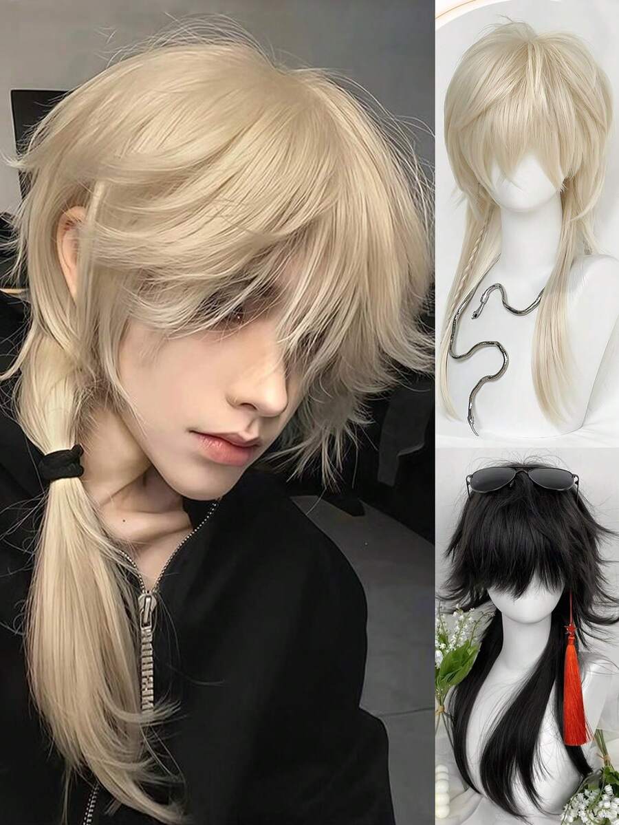 黑色金发长直假发合成马尾假发狼尾蓬松层次男女假发适合日常派对洛丽塔角色扮演假发 65 厘米 - 彩色 - 查看 1