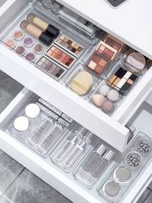 Bandeja de armazenamento de gaveta de mesa de plástico transparente de 1/5/6/11 peças, conjunto de acabamento de gaveta, caixa de armazenamento de cosméticos, adequada para armazenar cosméticos e joias, pode ser usada em banheiros e para colocar itens pequenos, e também pode ser usada em quartos e escritórios.