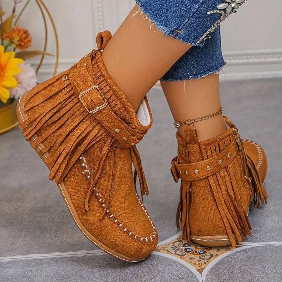 New Women's Casual Outdoor Sports Tassel Ankle Boots, Versatile And Lightweight / Zipper Closure, Round Toe Flat Sole And Decorative Studs - Caramel Brown Winter Boots - - 棕色 - 查看 1