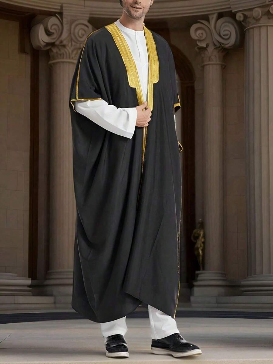 Middle Eastern Arabic Men's Graduation Gown With Embroidered Luxury Shawl/Cape Robe - Black - View 1