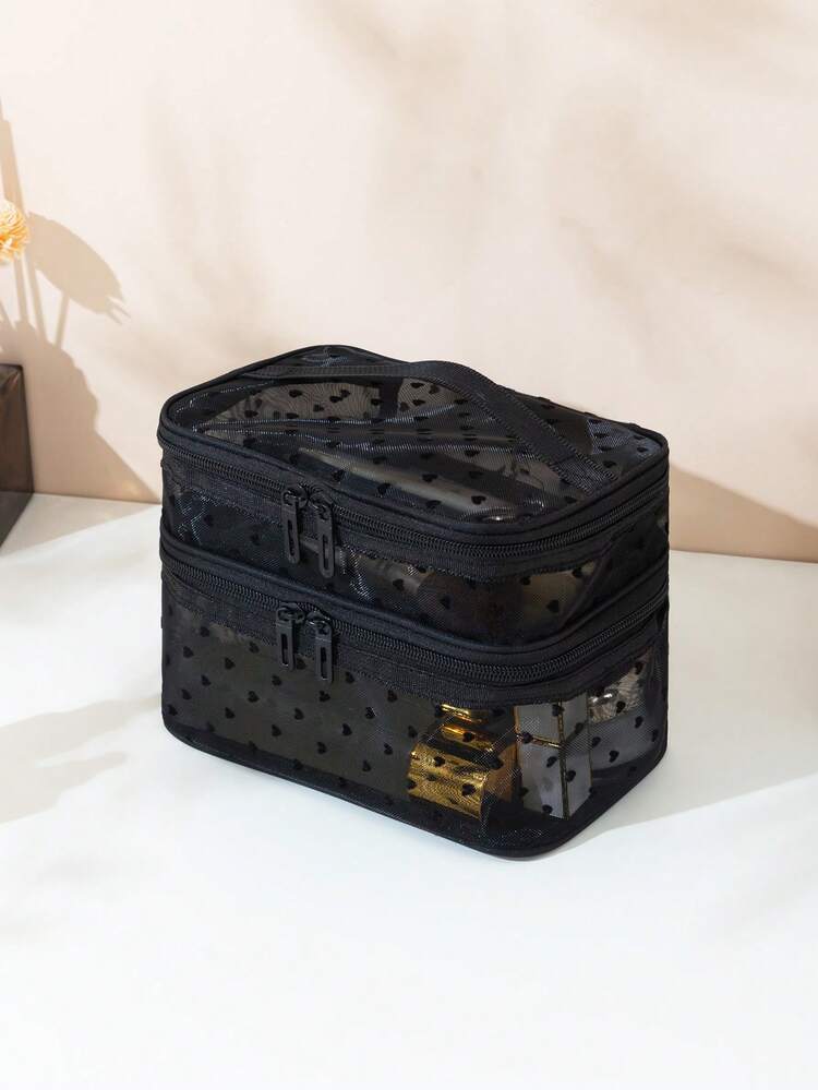 1 pièce Sac cosmétique à motif cœur à double couche en maille, grande capacité de rangement, organisateur de toilette et de maquillage à la mode, sac à maquillage, sac de maquillage, sac de maquillage, sac cosmétique, organisateur de maquillage, pochette de maquillage, sac, vanité, pochette de maquillage, pochette, sacs de maquillage, petit sac de maquillage, pochette de maquillage, sac cosmétique, grande capacité, grand sac de maquillage, cadeaux de Noël, pochette, cadeaux pour femmes, pochette, pochette / petit sac à main, organisateur de maquillage, organiser le maquillage, pochette, porte-pinceau, mini pochette, pochette grande capacité, cadeaux pour femmes, cadeaux de Noël, idées cadeaux pour femmes - Noir - Voir 3