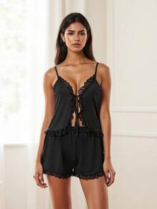 Women 2 Piece Pajamas Set Lace Patchwork Tie Front Camisole And Elastic Splits Shorts For Loungewear Soft Sleepwear - 黑色 - 查看 3