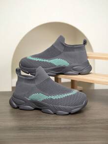 1 Pair Kids Knitted Sneakers, Slip-On Sports Shoes, Breathable Non-Slip Running Shoes, Fashionable Casual Mesh Trainers For Students