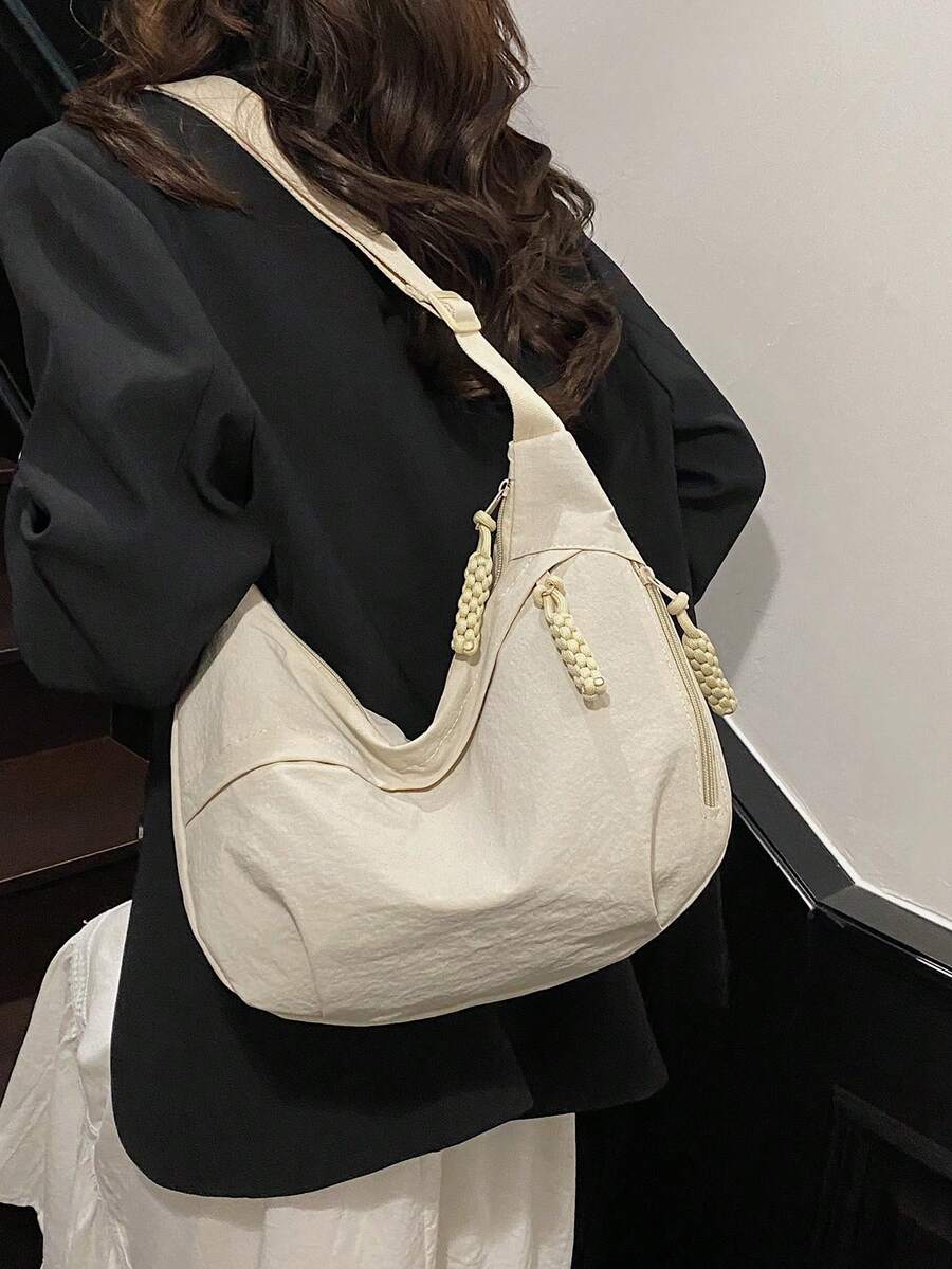 时尚纯色尼龙防水单肩包，休闲简约学院风，宽肩带斜挎包，多重拉链设计，适合学生、购物、日常使用