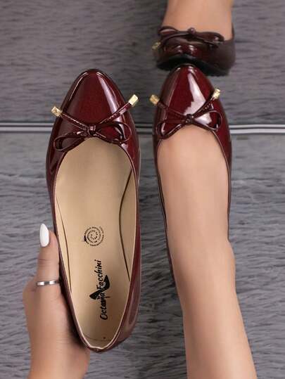 Bailarinas para mujer de recubierto, punta fina, lazo decorativo, sin agujetas ni tacón, estilo elegante para oficina y uso diario