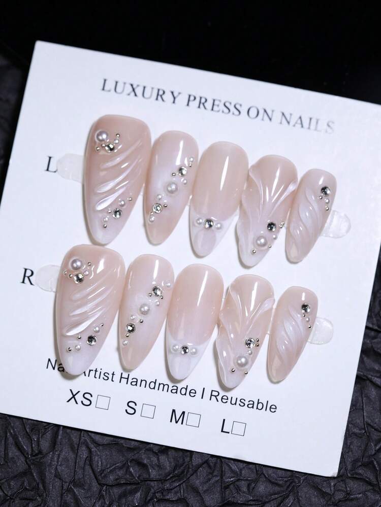 10片杏仁形3D水波纹手工假指甲，渐变乳白色法式美甲设计，镶嵌闪亮水钻，DIY美甲及美容产品，适合所有季节、日常生活和派对。 - 白色 - 查看 12