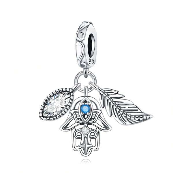 PANPOKI 1 Pc S925 Sterling Silver Jewelry Fine Charm Religious Symbols Feather Fatima Hand Pendant Original For Bracelet Necklace DIY Fine Jewelry For Women Birthday Gifts