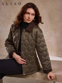 Aliao 优雅菱形图案绗缝外套，带口袋，适合冬季、秋季穿着，新年适用，商务休闲风格 - 棕色 - 查看 6