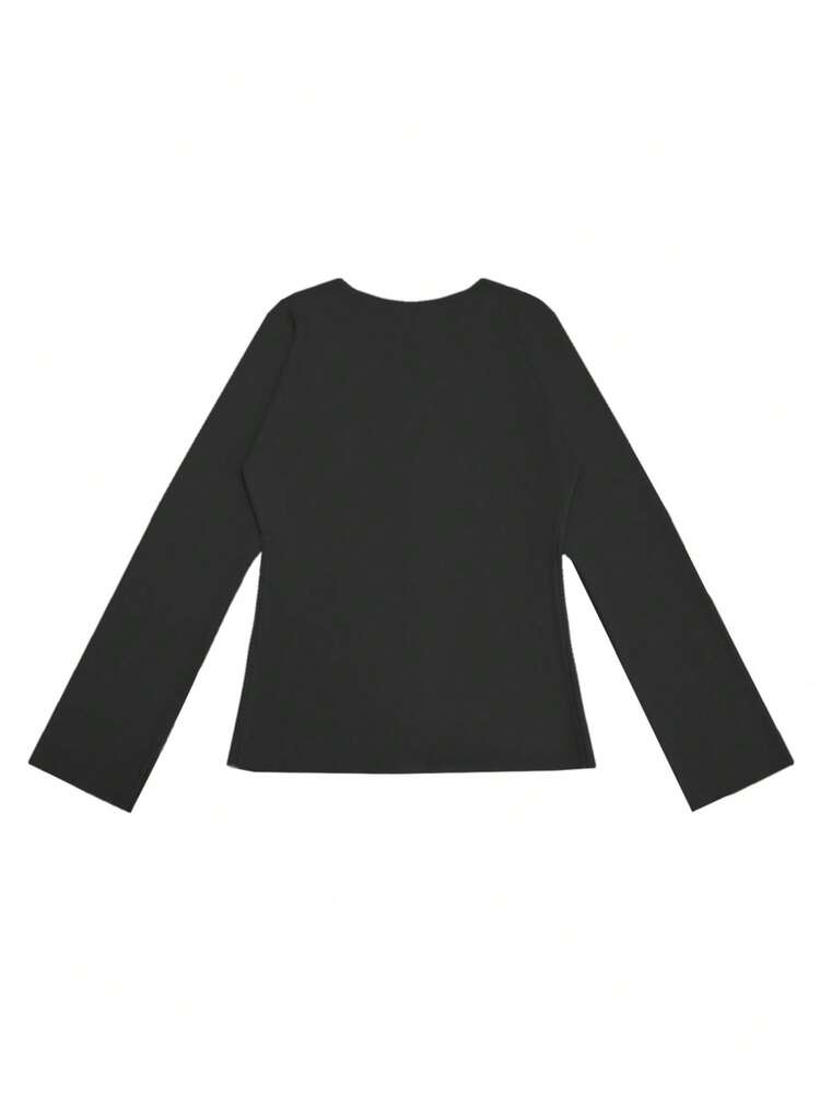Vintage Chic Fashionable Metal Button Down Open Front Solid Color Long Sleeve Round Crew Neck Thin Cardigan, Slim Modest Elegant Minimalana Casual Knit Sweater For Women, Spring Autumn Winter Black - Black - View 4
