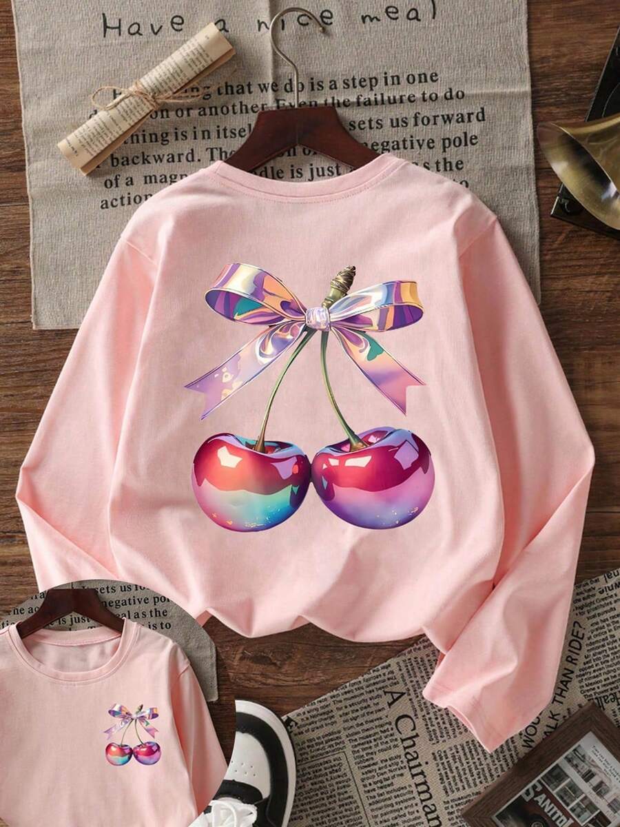 1 pieza Camiseta de manga larga con estampado de cerezas informal para niña preadolescente, diseño de primavera/otoño, de moda, cálido y cómodo para estudiantes jóvenes y adolescentes - Rosa - Ver 1