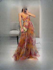 Women's Long Dress With Net Fabric And Printed Pattern, Featuring A Bandeau Style, New Spring/Summer Style, Suitable For Beach Vacations And Casual Gatherings