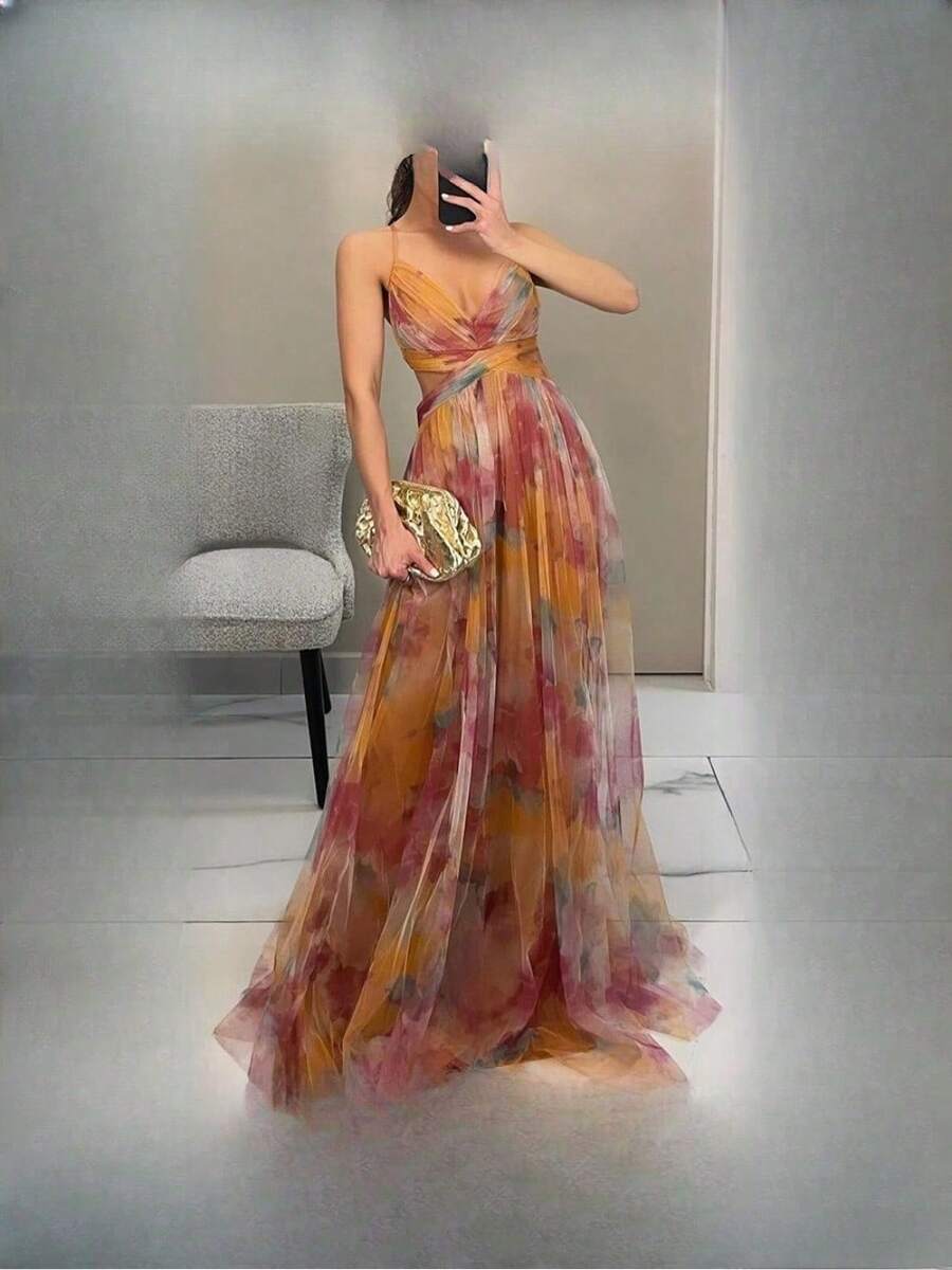 Women's Long Dress With Net Fabric And Printed Pattern, Featuring A Bandeau Style, New Spring/Summer Style, Suitable For Beach Vacations And Casual Gatherings