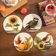 6 Stücke/Set oder 420 Stücke/70 Sets Herbst Sonnenblumen, Vögel und Kürbis Bedruckte Getränkeuntersetzer, 10cm/2mm dicke weiche Gummi Unterseite runde saugfähige Gummi Getränkeuntersetzer, weiche Gummi Rückseite, dekorative Untersetzer, geeignet für Tassen, Heim Küche Esszimmer Tischdekoration, Küchendekoration, Esszimmer Tischdekoration