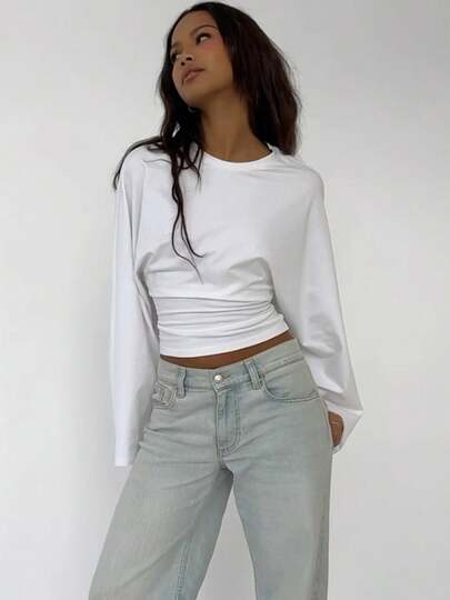 Women Oversized Long Sleeve T-Shirts Spring Fall Cotton Casual Crew Neck Solid Color Tunic Tops Daily Streetwear