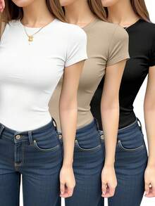 Paquete set 3 playeras camisetas dama mujer casual básica cuello redondo manga corta ajustada ombliguera baby tee algodón fresca cómoda ligera diario casa oficina escuela moderna juvenil y2k - Blanco - Ver 1