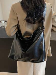 1 pieza Bolso de hombro de mujer de estilo vintage negro con remaches, ojetes y costuras, con acabado encerado, bolso de tote versátil y casual apto para uso diario, ir a la universidad, de gran capacidad tipo cubo, nueva llegada de otoño/invierno