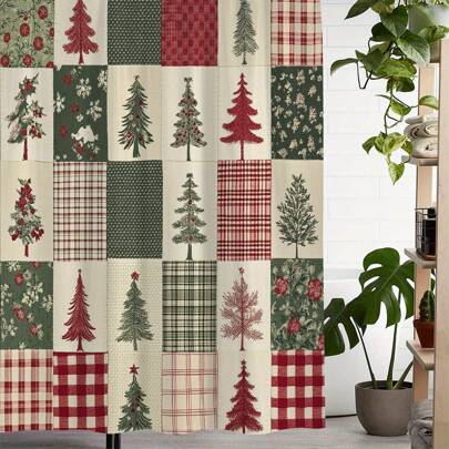 Christmas Tree Printed Waterproof Shower Curtain, With 12 Hooks, Machine Washable Woven Polyester Fabric, Waterproof Artistic Design, Diverse Patterns, Unique Weaving Bathroom Decor