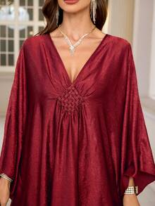 Elegant Women's Burgundy Satin Kaftan Robe, Batwing Sleeve Casual Dress Eid Spring - Màu Đỏ Sâu - Xem 3