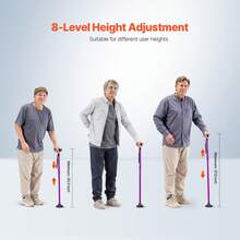 Walking Cane For Man Woman, Folding Walking Stick With 8-Level Adjustable Height, 4-Pronged Pivoting Base, Lightweight & Portable Aluminum Mobility Aid For Senior Adults, 250LBS Loading (Purple) - 紫色 - 查看 3