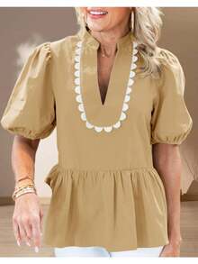 Womens Puff Sleeve Peplum Blouses Ruffle V Neck Summer Casual Tops Babydoll Loose Fit Shirts - 卡其色 - 查看 2