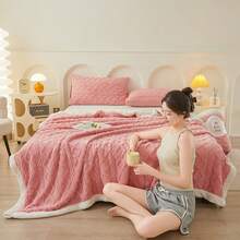 2-Ply Taffeta Sherpa Reversible Throw Blanket, Warm Blanket Suitable For Sofa, Bedroom, Living Room, Multi-Purpose - Watermelon Pink - View 7