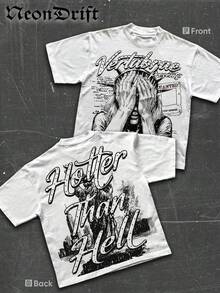 NeonDrift Street Life Men's Y2k Style Double-Sided Printing (220 Pure Cotton T-Shirt)Front - Back Art, 'Hotter Than ' Motto.Men's Summer Round Neck Short Sleeve Casual T-Shirt, Summer Street Sports Life Men's - 白色 - 查看 1
