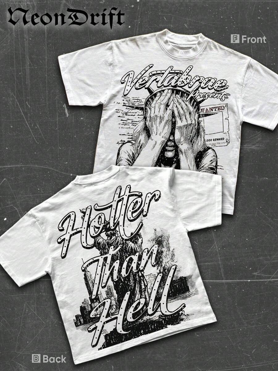 NeonDrift Street Life Men's Y2k Style Double-Sided Printing (220 Pure Cotton T-Shirt)Front - Back Art, 'Hotter Than ' Motto.Men's Summer Round Neck Short Sleeve Casual T-Shirt, Summer Street Sports Life Men's - 白色 - 查看 1