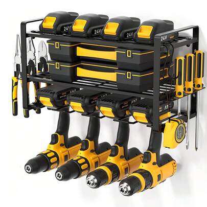 3 Tier Wall Mount Tool Organizer, Heavy Duty Metal Rack For Drills & Batteries, Garage Storage With Side Shelves