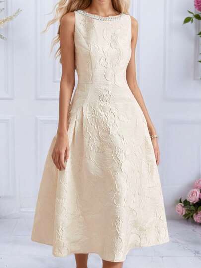Vestido formal de longitud media sin mangas para mujer, de tela de jacquard con estampado floral 3D, diseño de cuello de perlas, estilo minimalista y sofisticado adecuado para invitados de boda, citas nocturnas, festivales de música, graduaciones, galas