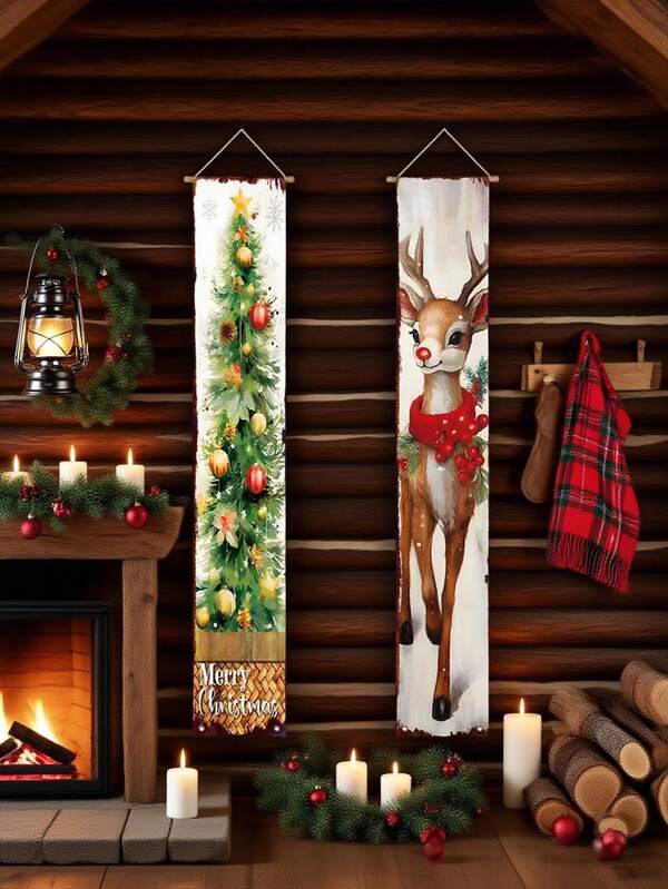 زوج من لافتات شعار عيد الميلاد المجيد لباب المدخل، مناسبة للمدينة والريف والجدران الداخلية/الخارجية والحديقة والحفلات، ديكور عيد الميلاد