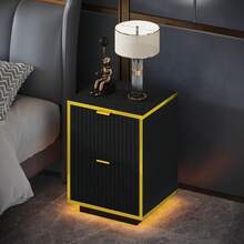 Nightstand With LED Lights, Morden Night Stand With Gold Frame, Fluted Nightstand With Drawers, Bedside Table With Storage, Side Table For Bedroom, Black/ White - 黑色 - 查看 8