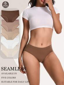 5Pcs Seamless Panties Mid Waist Maillard Color Women's Briefs Lifting Buttock High Elasticity Panty Comfortable & Breathable Woman Lingerie Ladies Flat Belly Sheath Underwear