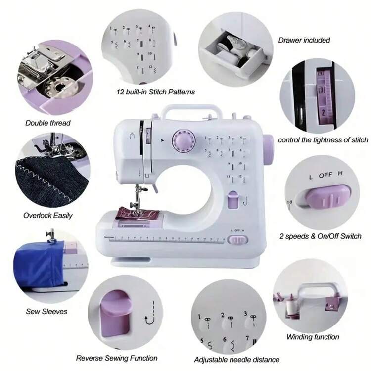 Portable Household Sewing Machine, With 12 Built-In Stitches & Foot Pedal For Sewing Beginners & Amateurs - 美規A型插(110-127V) - 查看 2