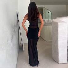 Nuevo vestido de verano sin mangas de malla con cuello redondo elegante, vestido ajustado con cintura anudada y cola de sirena para mujeres - Negro - Ver 2