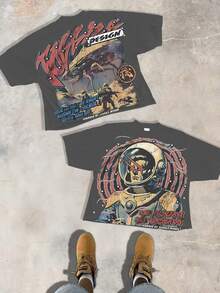 Science Fiction Retro Style Pattern Personality And Attitude Cotton T-Shirt, Made Of 100% Cotton And Combed With Fine Needles, Is Relaxed And Comfortable, Suitable For Both Men And Women, And Suitable For Street Hipsters. - Màu xám đen - Xem 1