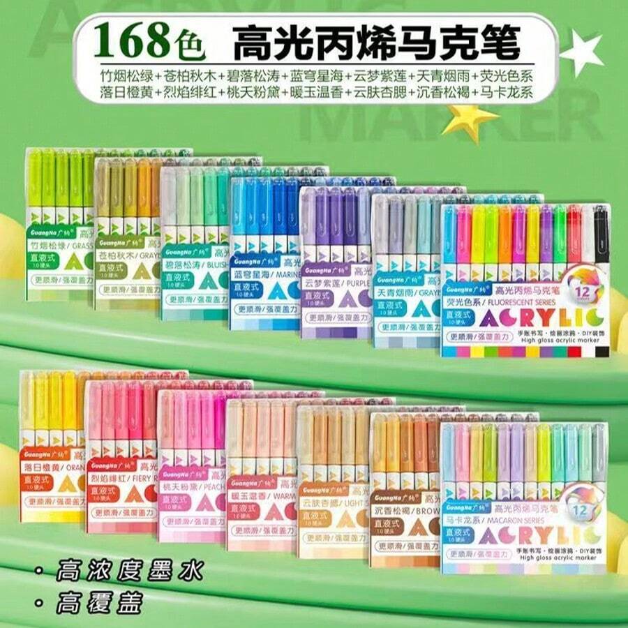 GuangNa 168 Vibrant Colors Acrylic Paint Markers | Bullet Tip (1.2mm) For Sharp Lines | High Coverage & Large Ink Capacity | 14 Sets, 12/Pack - Art, Crafts, Journaling Essential, Gift For Back To School